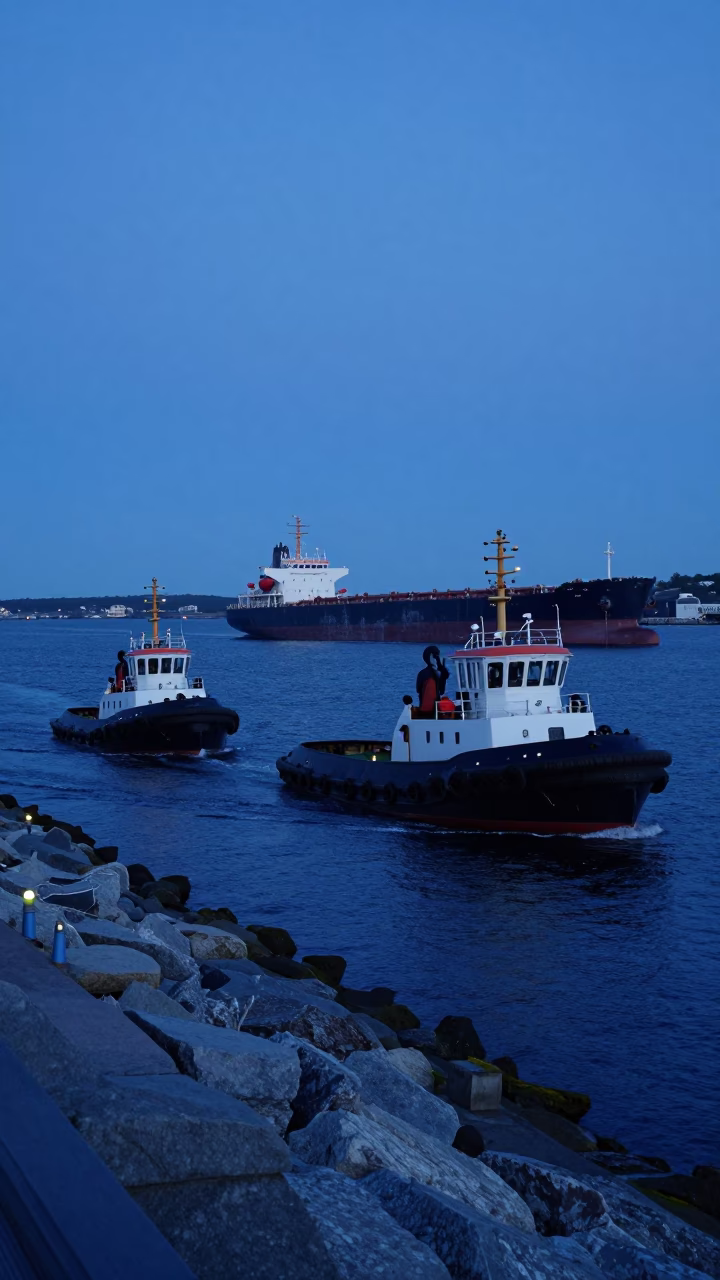 Halifax Waterfront Evening Scene with Tugboat Fleet Guiding Tanker at Night in in Halifax, Nova Scotia, Canada