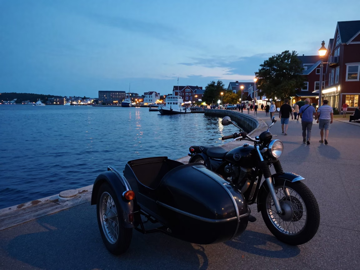 Halifax Waterfront Evening Scene with Vintage Motorcycle Sidecar and Local Crowd in in Halifax, Nova Scotia, Canada