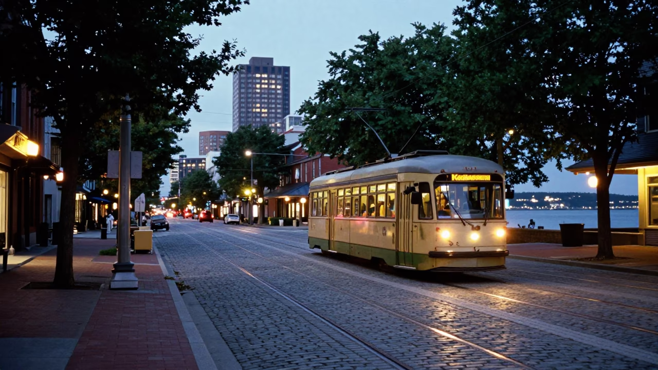 Halifax Waterfront Evening Street Scene with Tramcar and City Lights in in Halifax, Nova Scotia, Canada
