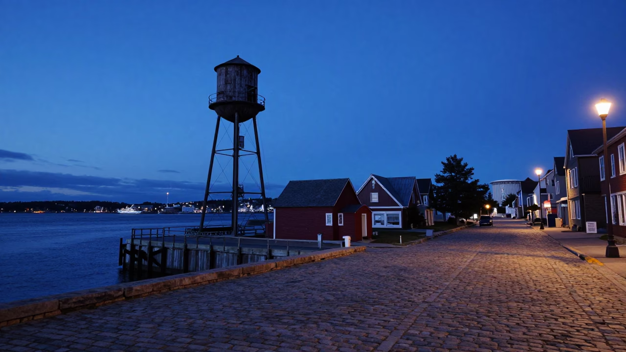Halifax Waterfront Evening Street Scene with Water Tower and Busy Pedestrians in in Halifax, Nova Scotia, Canada