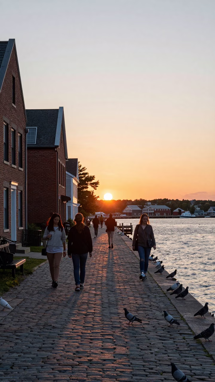Halifax Waterfront Evening Stroll with Pigeons and Brick Architecture in in Halifax, Nova Scotia, Canada