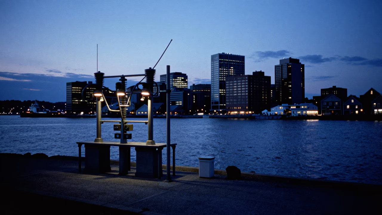 Halifax Waterfront Evening Substation Busbars and Coastal Twilight Landscape in in Halifax, Nova Scotia, Canada