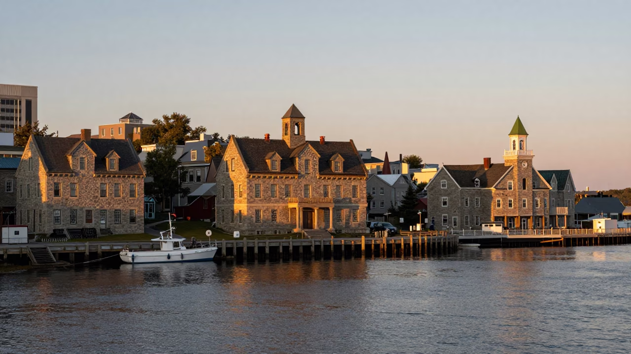 Halifax Waterfront Evening View with Historic Stone Buildings and Harbormaster's Office in in Halifax, Nova Scotia, Canada