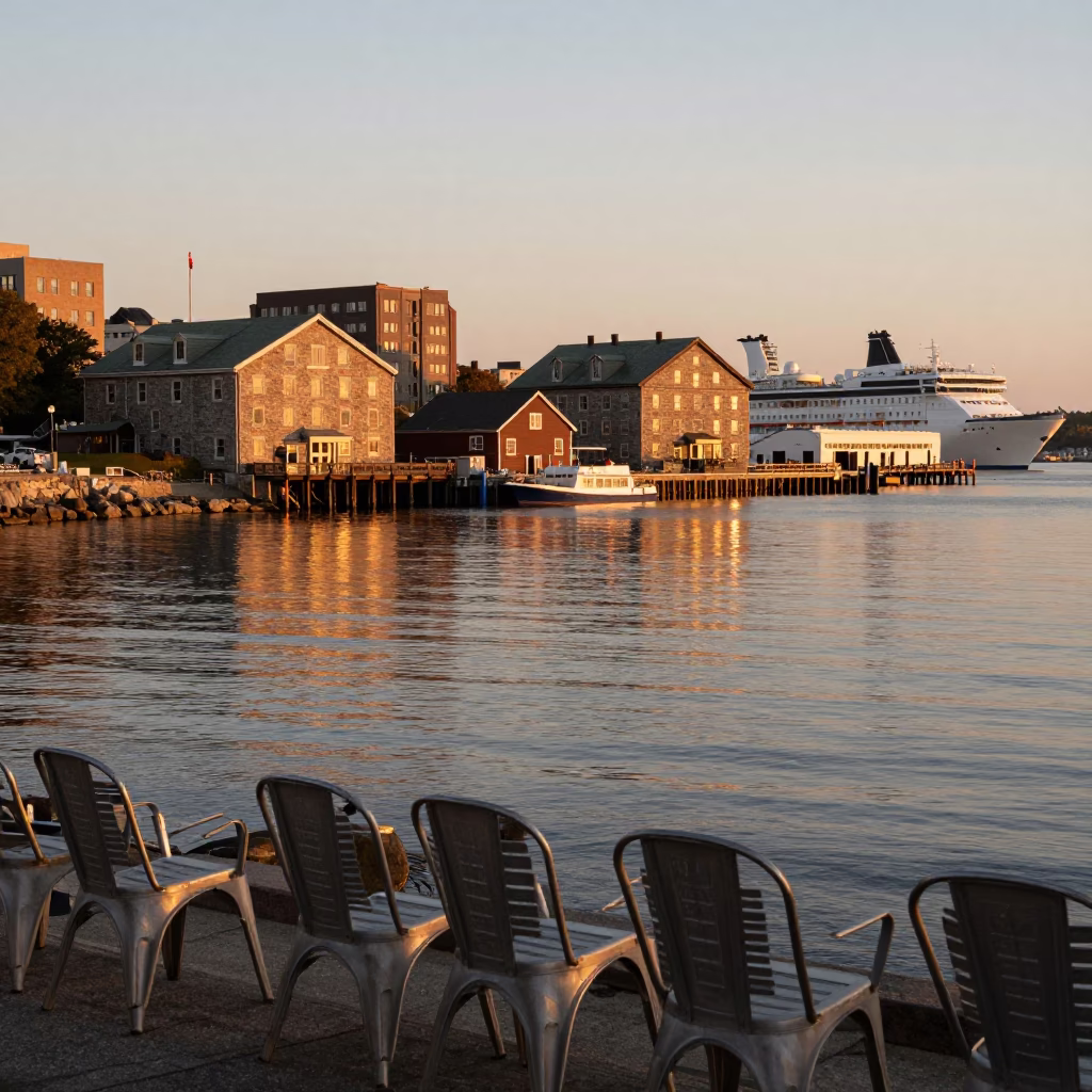 Halifax Waterfront Evening View with Steel Chairs and Receding Rail Lines in in Halifax, Nova Scotia, Canada