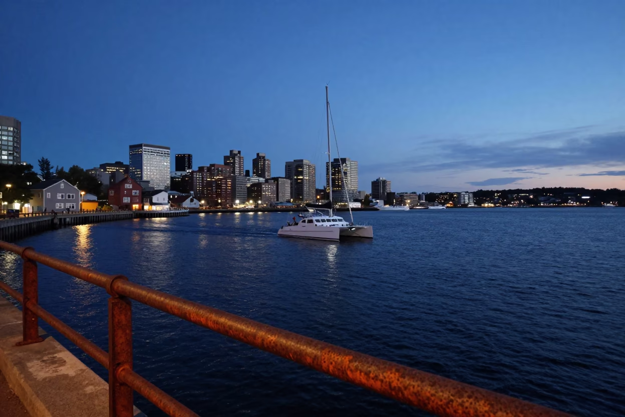Halifax Waterfront Evening with Catamaran and Rusty Railings in in Halifax, Nova Scotia, Canada