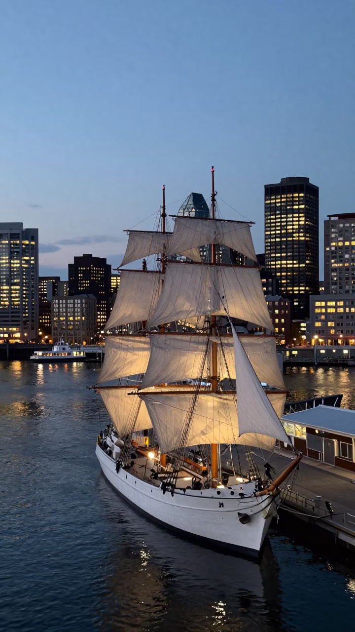 Halifax Waterfront Evening with Docked Tall Ship and City Lights in in Halifax, Nova Scotia, Canada