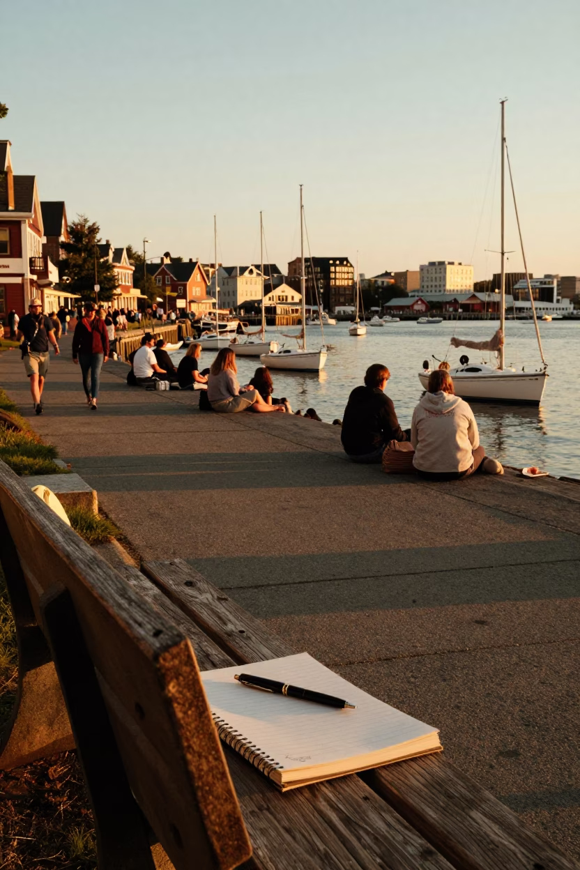 Halifax Waterfront Golden Hour Busy Street Scene with Sailboats and Iron Details in in Halifax, Nova Scotia, Canada
