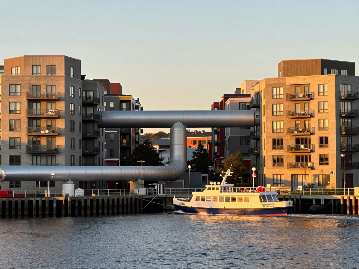 Halifax Waterfront Golden Hour with District Heating Pipes and Water Taxi Activity in in Halifax, Nova Scotia, Canada
