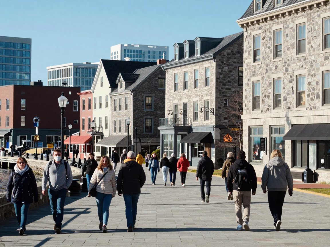 Halifax Waterfront Historic Architecture and Busy Pedestrian Life in Bright Midmorning Light in in Halifax, Nova Scotia, Canada