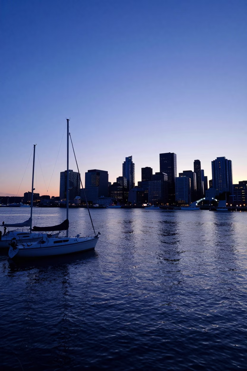 Halifax Waterfront Indigo Twilight with Sailboats and City Skyline Reflections in in Halifax, Nova Scotia, Canada
