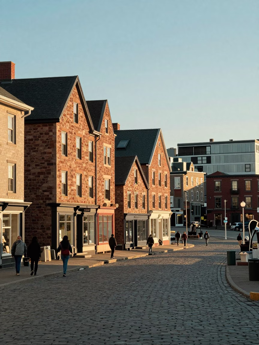 Halifax Waterfront Late Afternoon Light with Historic Architecture and Busy Street Scene in in Halifax, Nova Scotia, Canada