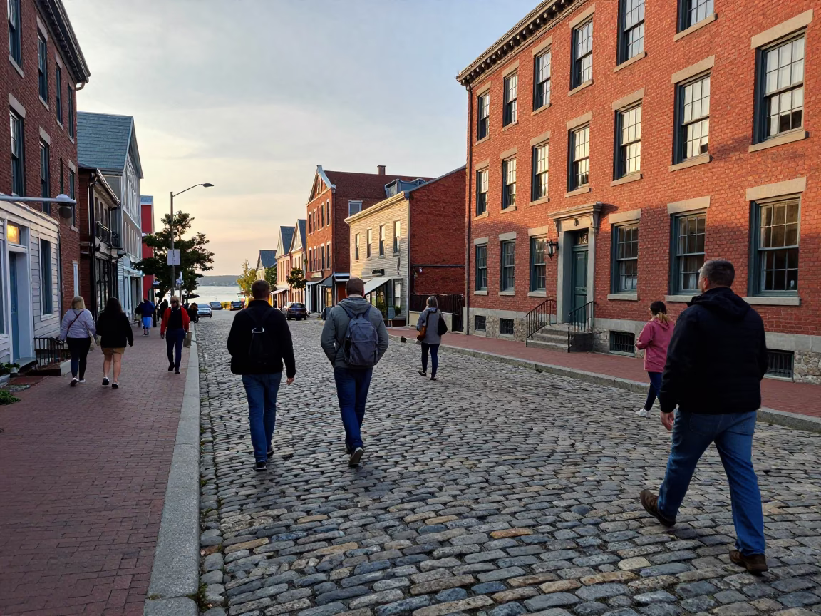 Halifax Waterfront Late Afternoon Pedestrians Crossing Cobblestone Street Near Historic Architecture in in Halifax, Nova Scotia, Canada
