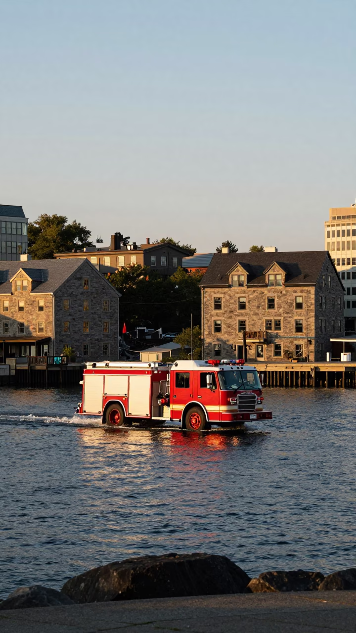 Halifax Waterfront Late Afternoon Scene with Fire Engine and Local Street Activity in in Halifax, Nova Scotia, Canada