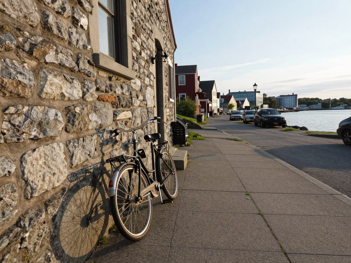 Halifax Waterfront Late Morning Street Scene with Vintage Bicycle and Cobblestone Architecture in in Halifax, Nova Scotia, Canada
