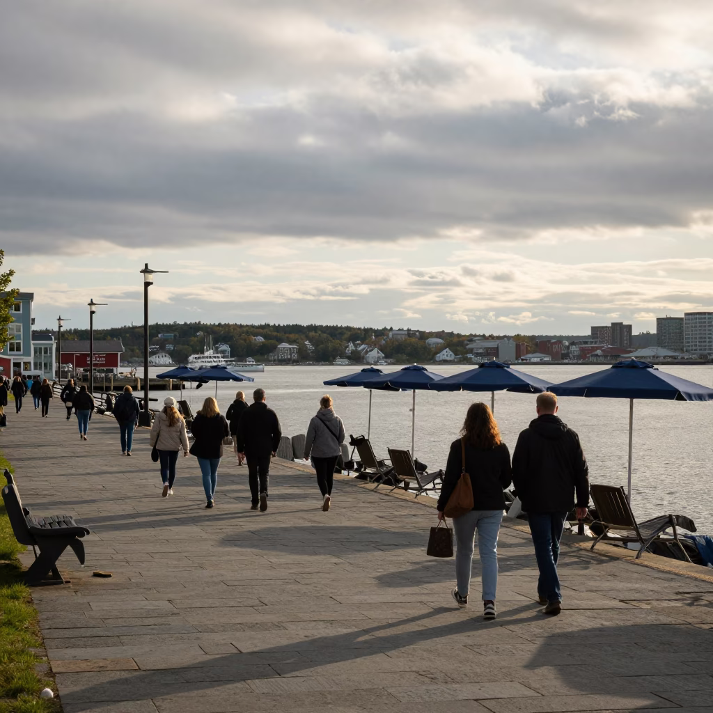 Halifax Waterfront Late Morning Umbrellas and Harbor Scene in Nova Scotia in in Halifax, Nova Scotia, Canada