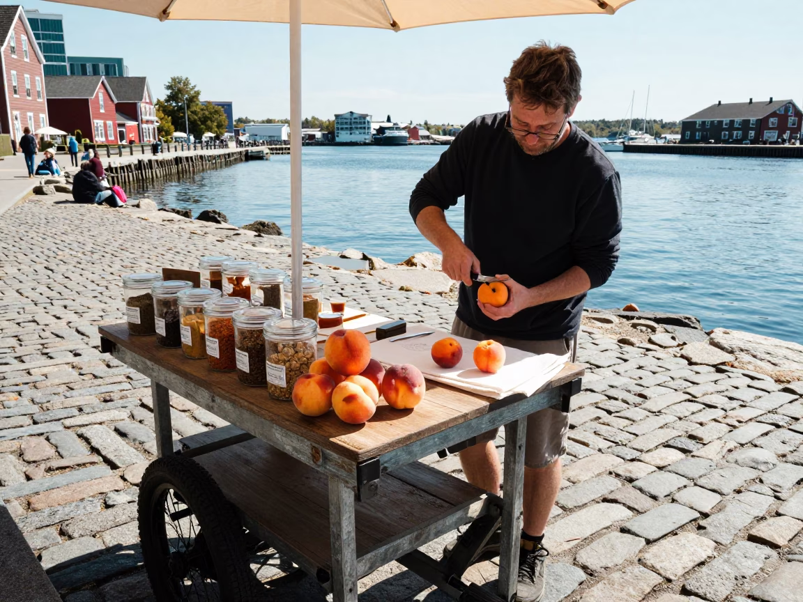 Halifax Waterfront Lunch Break with Nectarines and Spice Jars at Midday in in Halifax, Nova Scotia, Canada