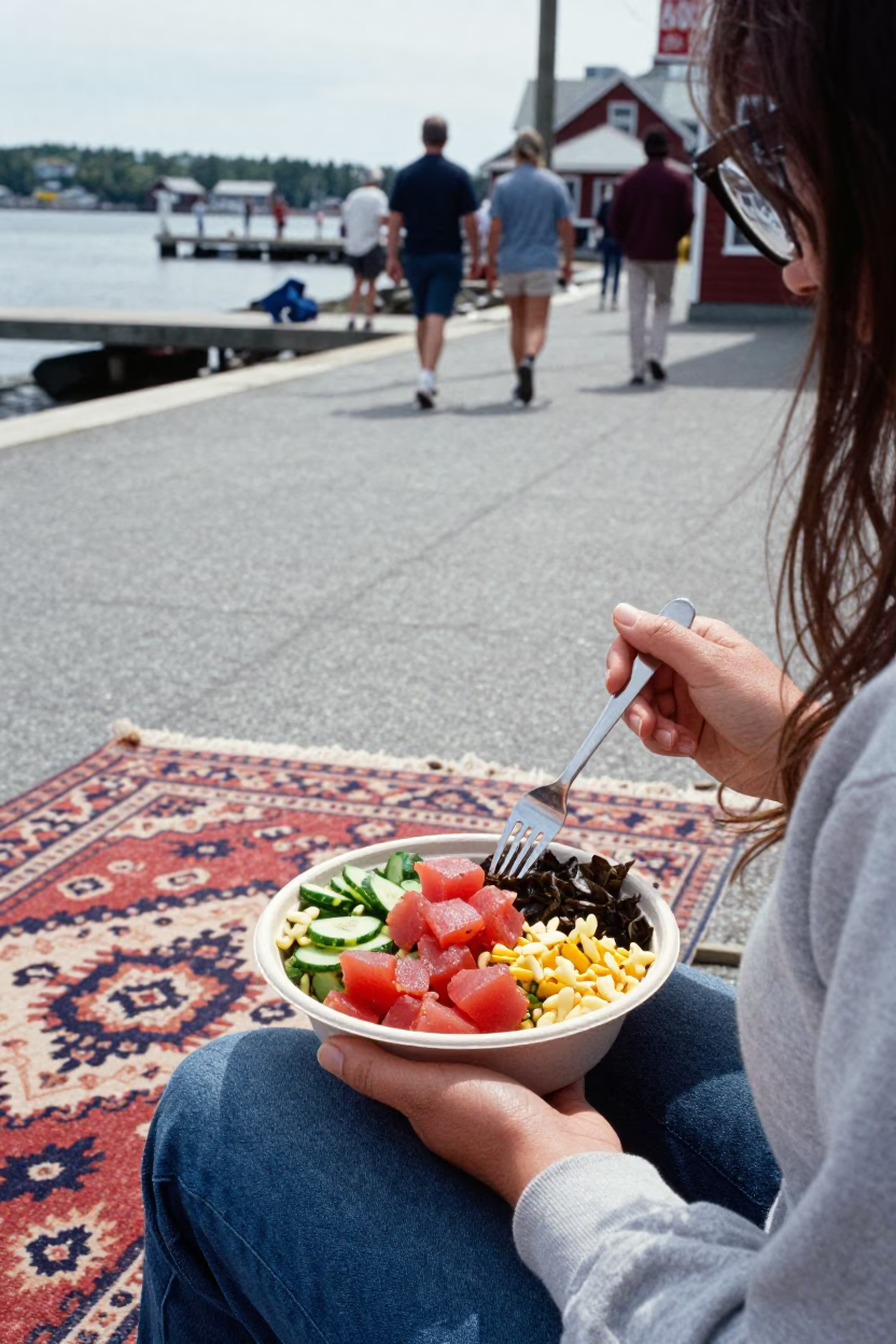 Halifax Waterfront Lunch with Poke Bowl and Patterned Rug at Early Afternoon in in Halifax, Nova Scotia, Canada