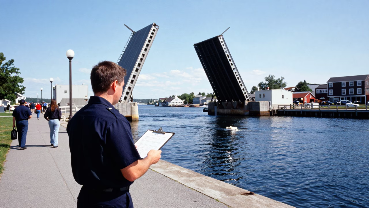Halifax Waterfront Midday Scene with Drawbridge and Clipboard Inspection in in Halifax, Nova Scotia, Canada