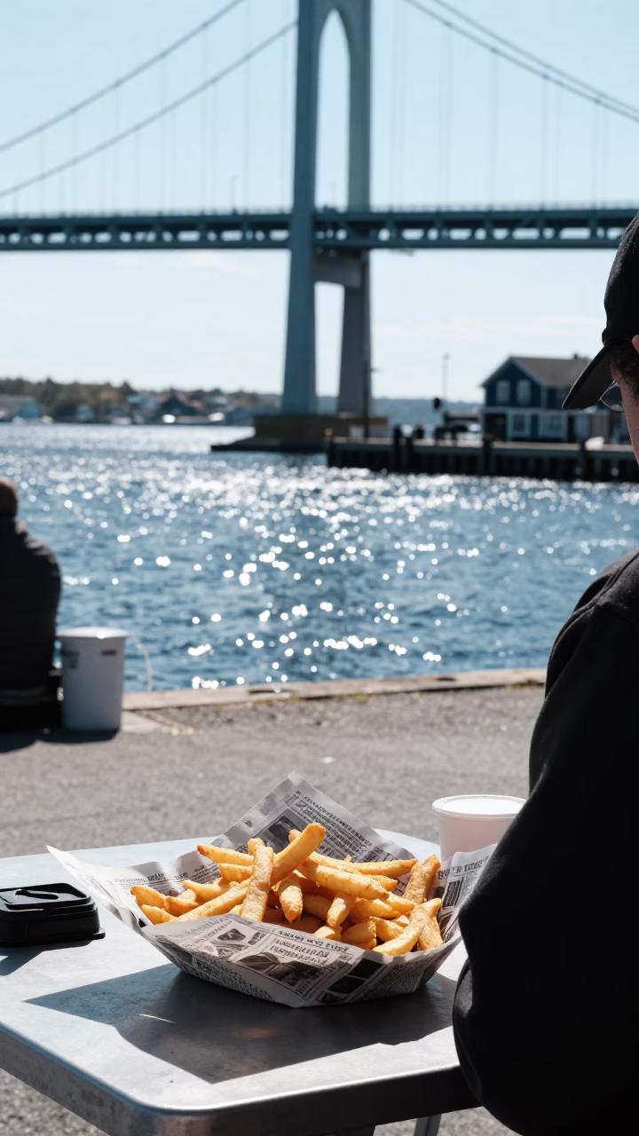Halifax Waterfront Midday Scene with Fish and Chips in Newspaper and Suspension Bridge in in Halifax, Nova Scotia, Canada