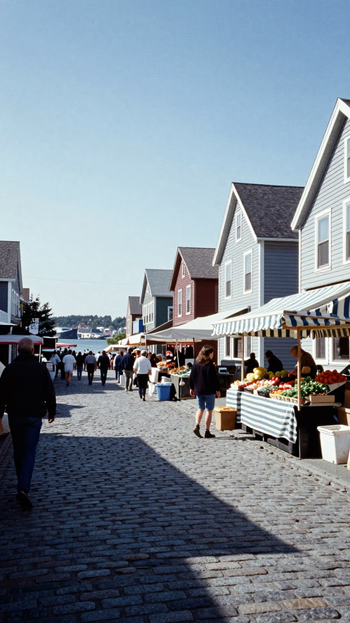 Halifax Waterfront Midday Street Scene with Local Market Activity and Historic Architecture in in Halifax, Nova Scotia, Canada