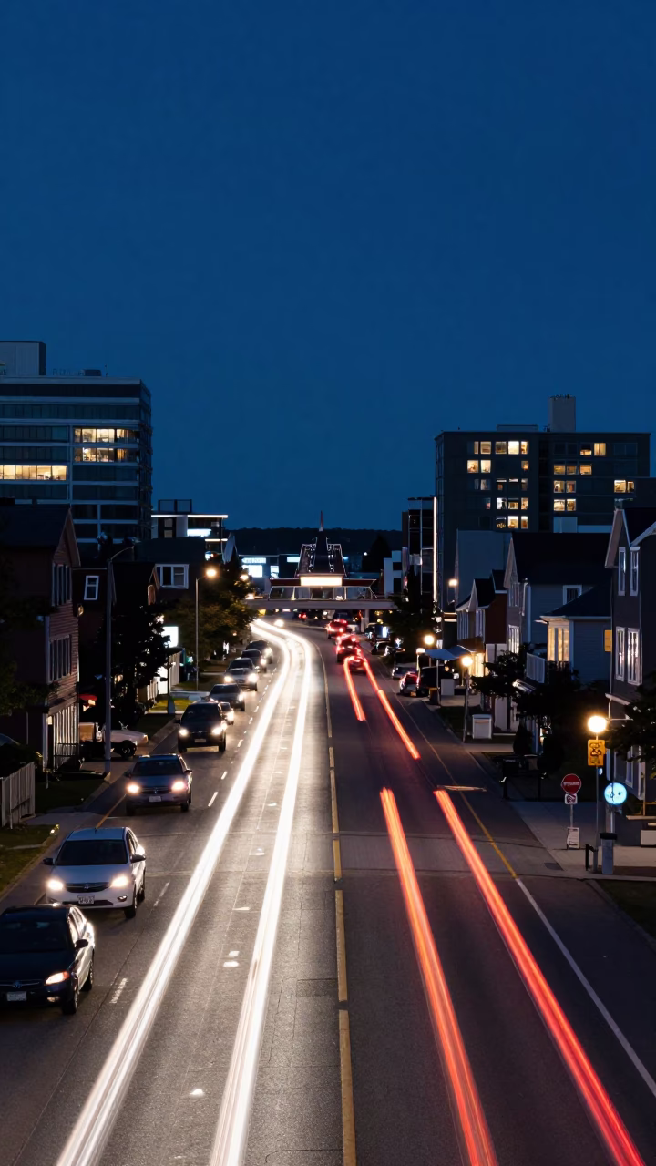 Halifax Waterfront Midnight Long Exposure Car Headlight Trails Near Floating Dock in in Halifax, Nova Scotia, Canada