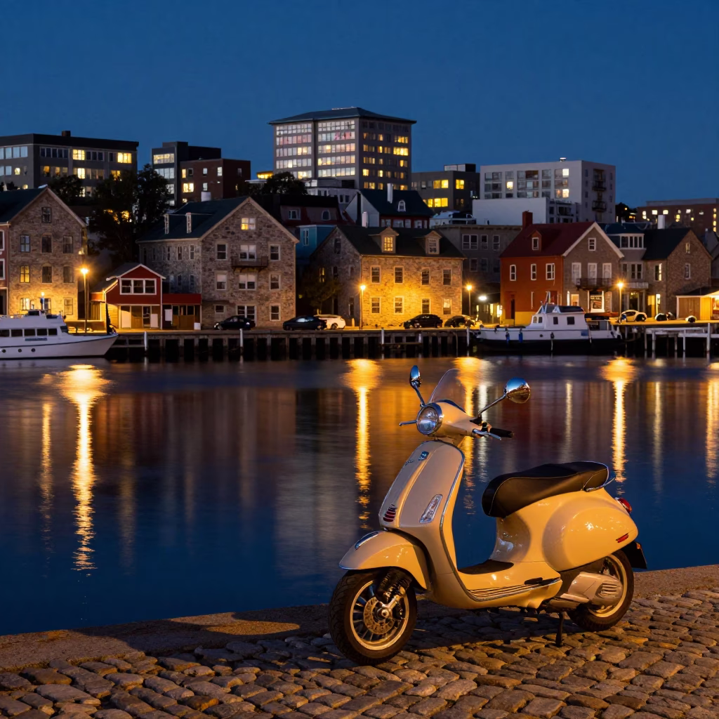 Halifax Waterfront Midnight Reflections with Vintage Vespa and Cobblestone Street Scene in in Halifax, Nova Scotia, Canada