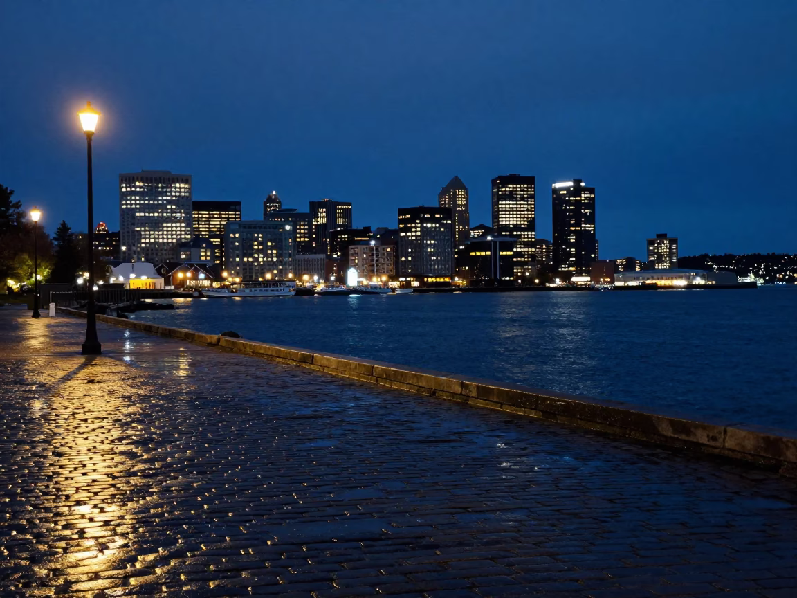 Halifax Waterfront Midnight Scene with Damp Cobblestones and Harbor Lights in in Halifax, Nova Scotia, Canada