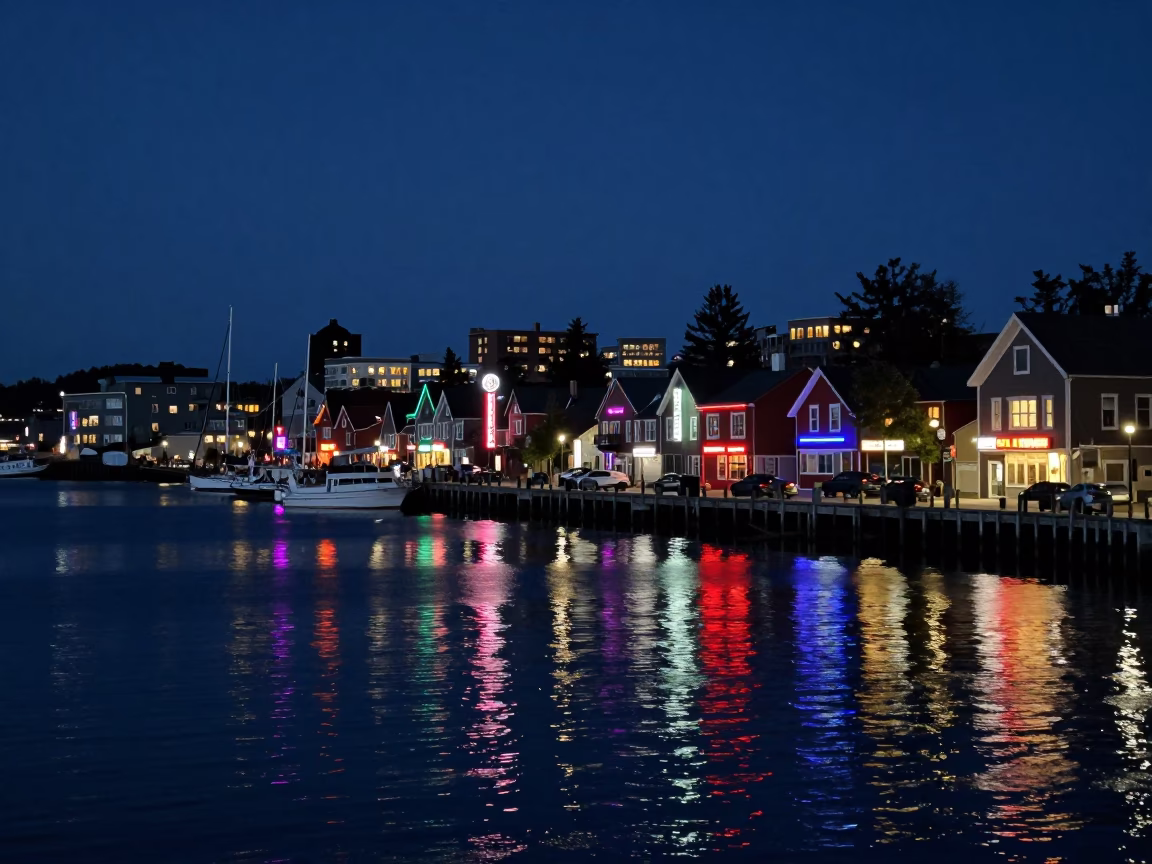 Halifax Waterfront Midnight Street Photography with Neon Reflections and Steel Structures in in Halifax, Nova Scotia, Canada