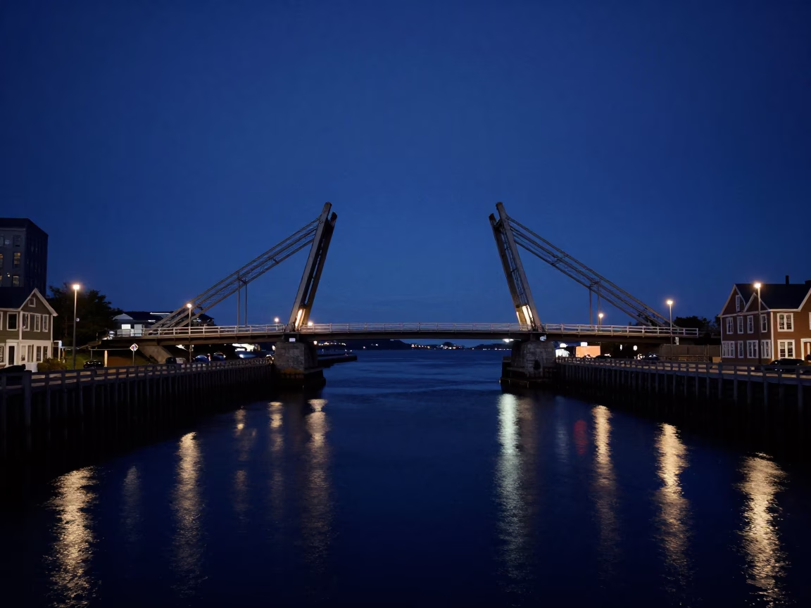 Halifax Waterfront Midnight View with Drawbridge and Tidal Channel at Night in in Halifax, Nova Scotia, Canada