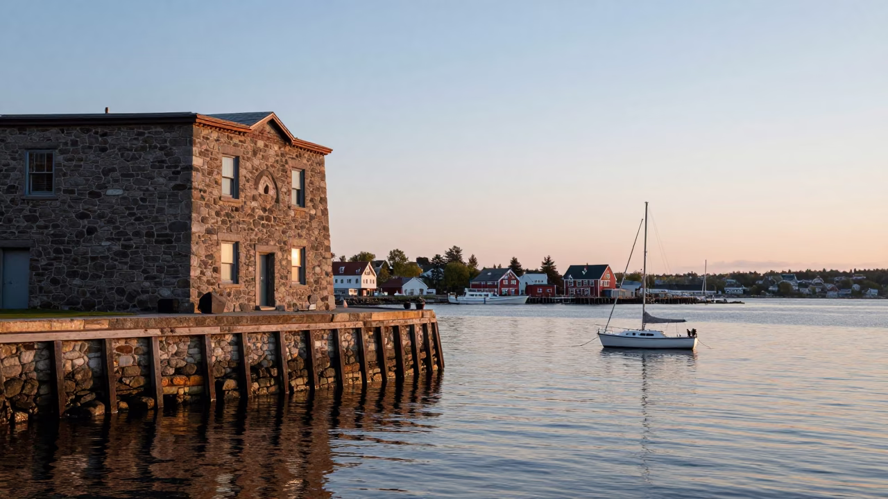 Halifax Waterfront Morning Light on Historic Stone Pier and Anchored Sailboats in in Halifax, Nova Scotia, Canada