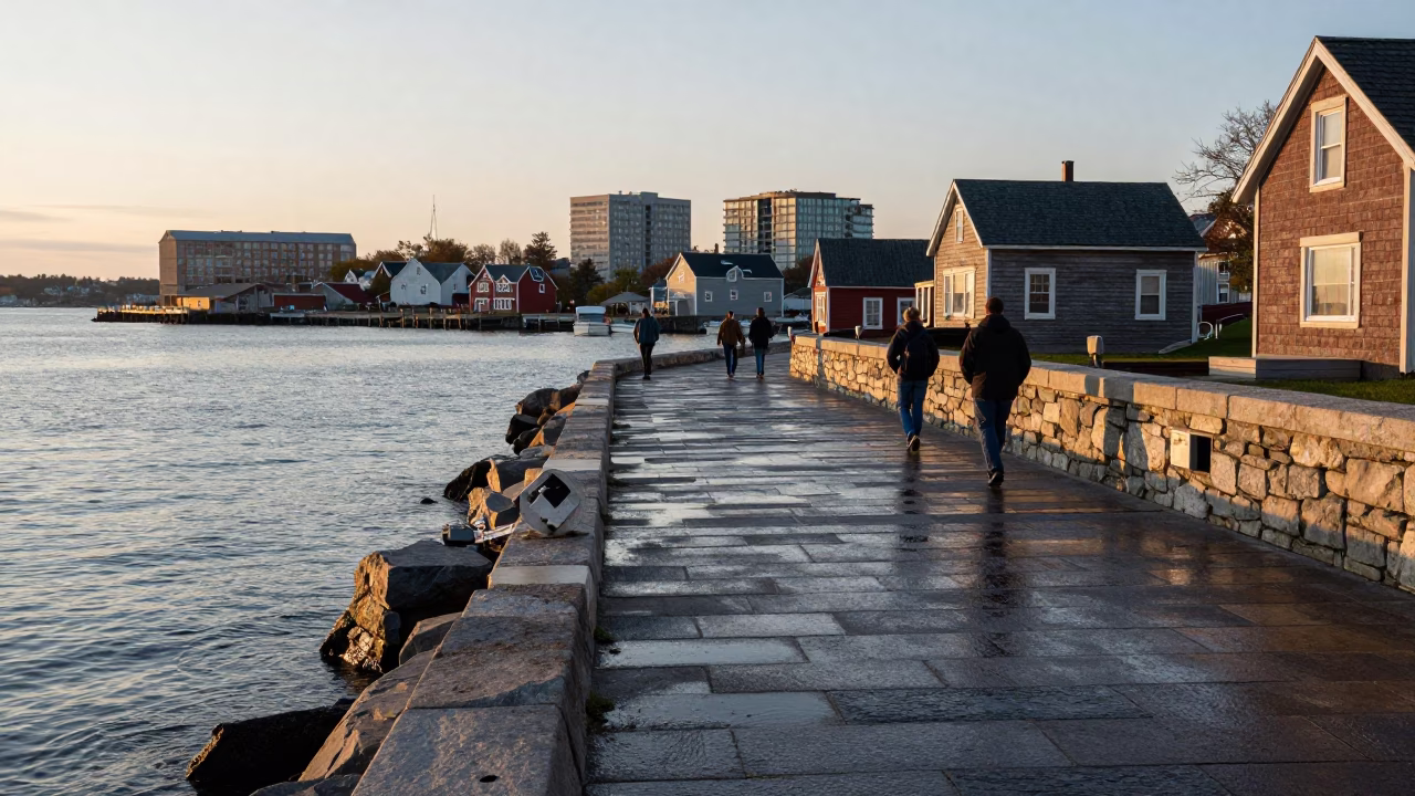 Halifax Waterfront Morning Light on Historic Stone Pier with Docked Fishing Boats in in Halifax, Nova Scotia, Canada