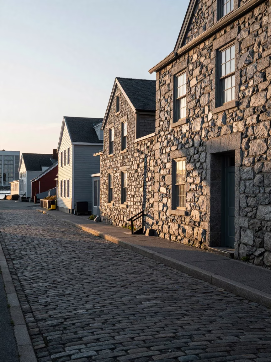 Halifax Waterfront Morning Light Reflecting Off Historic Stone Walls and Cobblestone Streets in in Halifax, Nova Scotia, Canada