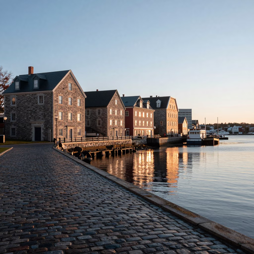 Halifax Waterfront Morning Light Reflecting on Historic Stone Buildings and Cobblestone Streets in in Halifax, Nova Scotia, Canada