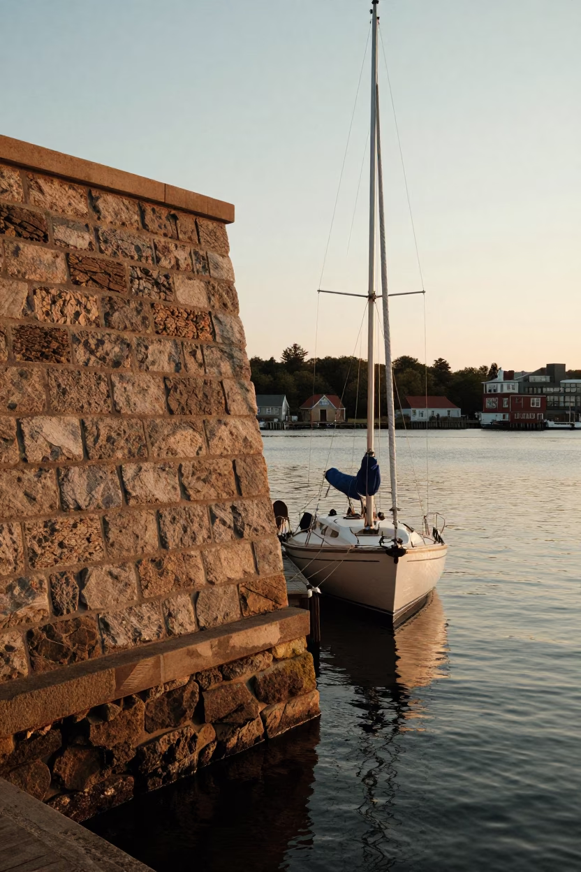 Halifax Waterfront Morning Light Shining on Sailboat Rigging and Historic Stone in in Halifax, Nova Scotia, Canada