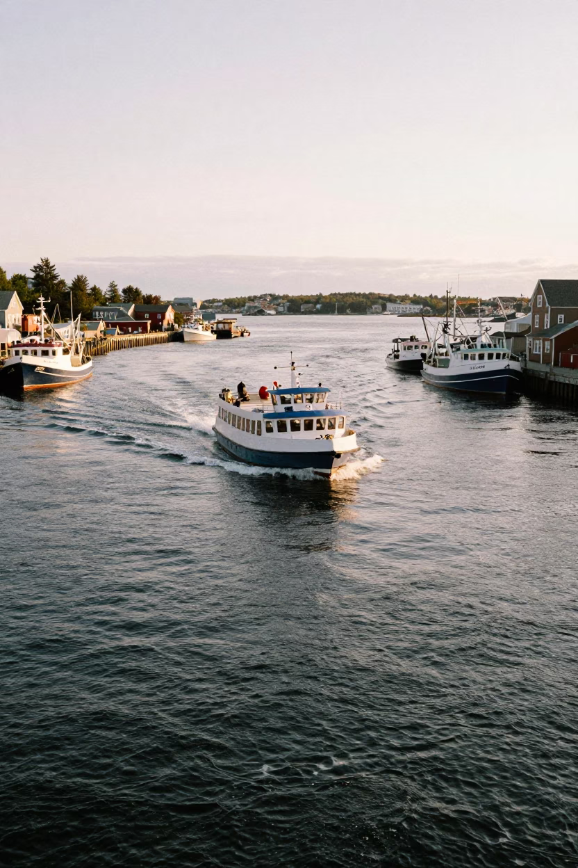 Halifax Waterfront Morning Scene with Water Taxi and Harbor Boats at Sunrise in in Halifax, Nova Scotia, Canada