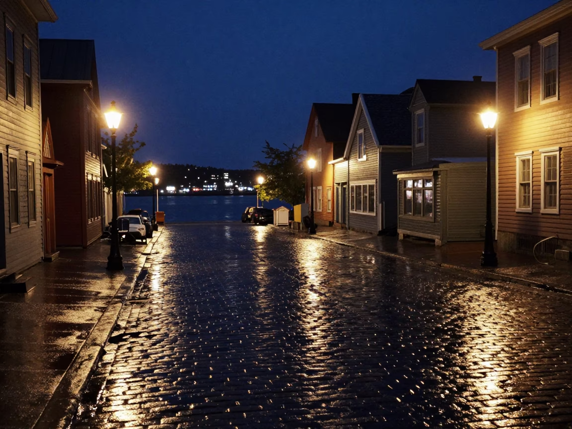 Halifax Waterfront Night Scene with Cobblestone Street and Historic Stone Buildings in in Halifax, Nova Scotia, Canada
