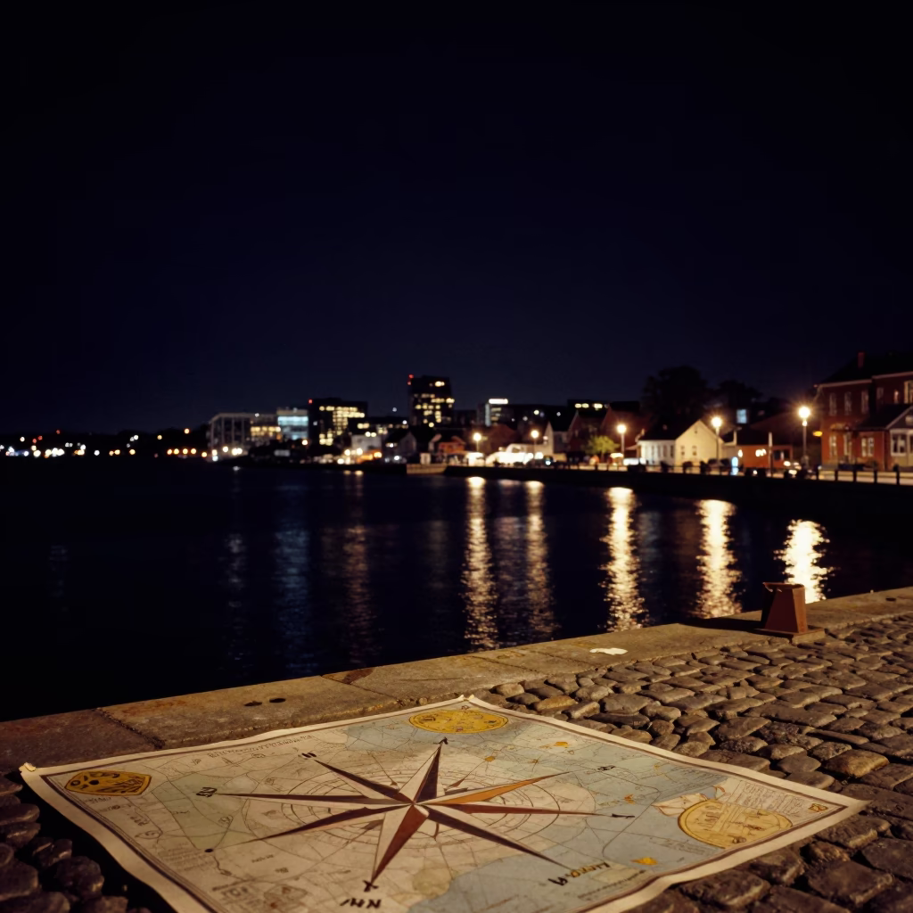 Halifax Waterfront Night Scene with Compass Rose Map and Harbor Lights in in Halifax, Nova Scotia, Canada