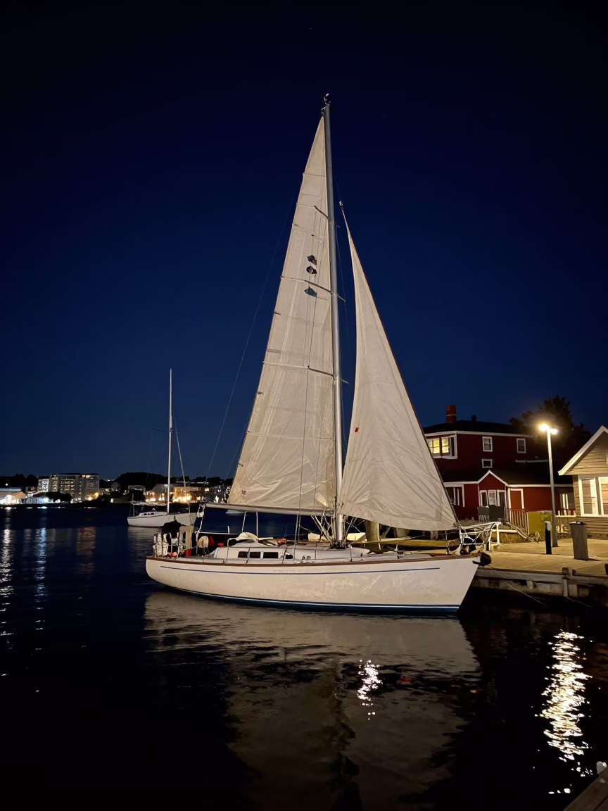 Halifax Waterfront Night Scene with Docked Sailboat and Spinnaker at Deep Night in in Halifax, Nova Scotia, Canada