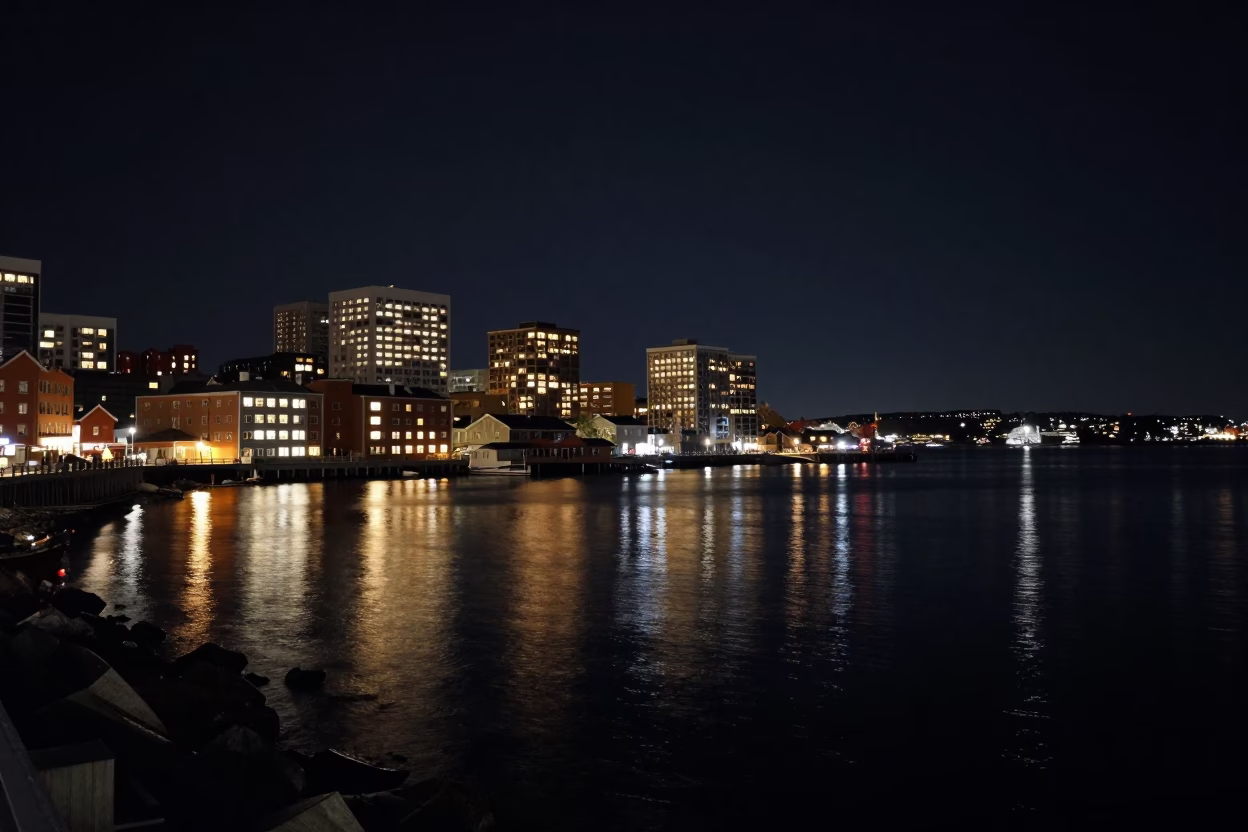 Halifax Waterfront Night Scene with Glowing Windows and Distant City Lights in in Halifax, Nova Scotia, Canada