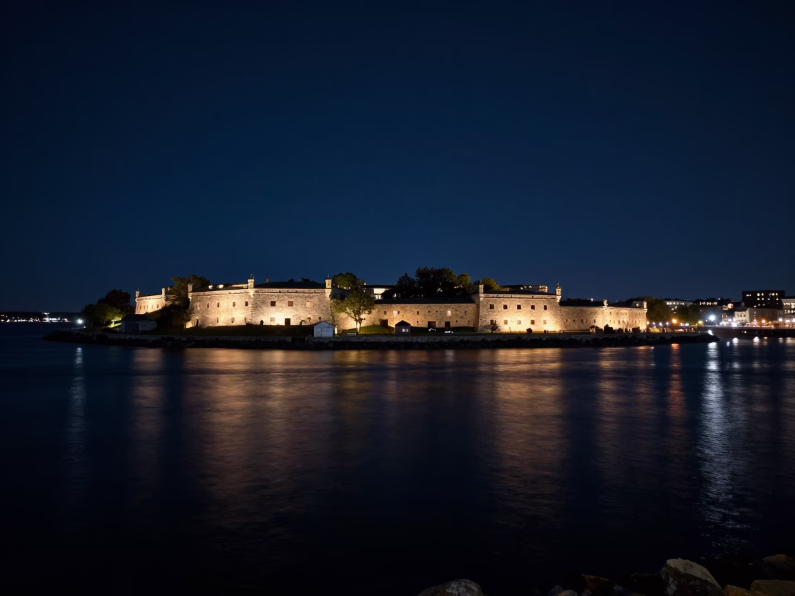 Halifax Waterfront Night Scene with Historic Stone Walls and Dark Sky in in Halifax, Nova Scotia, Canada