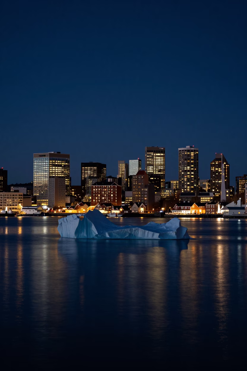 Halifax Waterfront Night Scene with Iceberg and City Lights Reflections in in Halifax, Nova Scotia, Canada