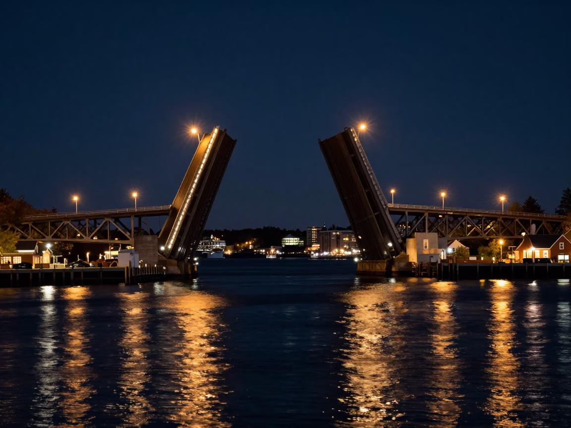 Halifax Waterfront Night Scene with Lifting Drawbridge and Harbor Lanterns in in Halifax, Nova Scotia, Canada
