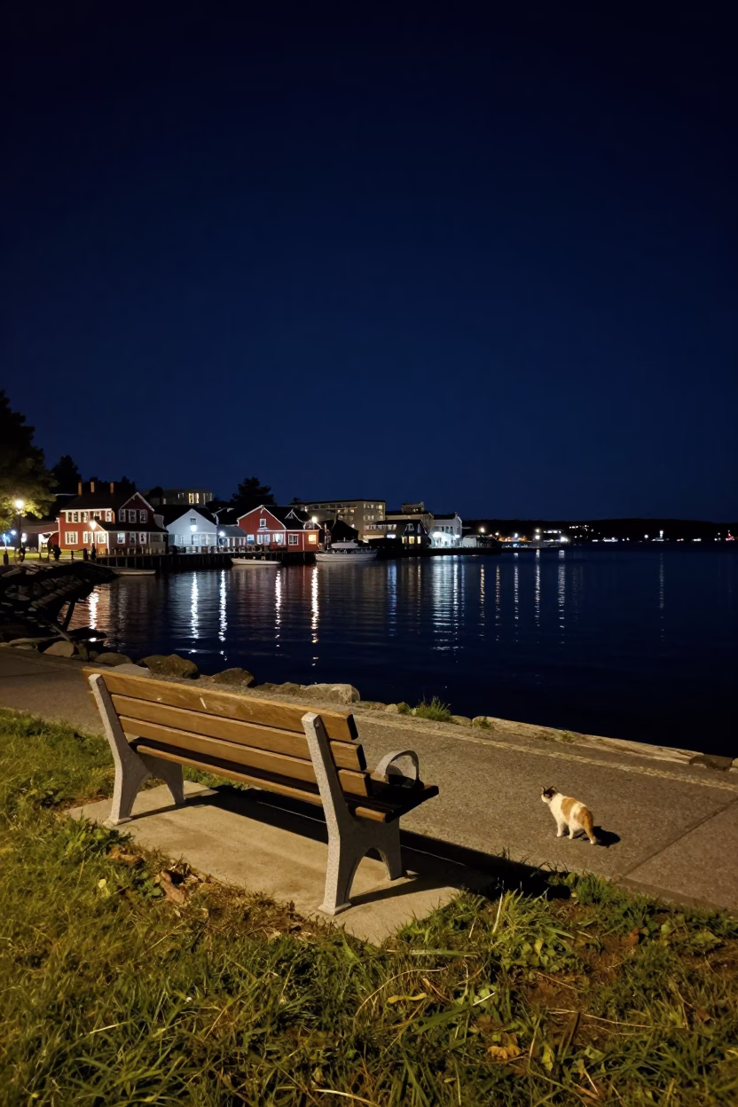Halifax Waterfront Night Scene with Park Bench and Cat Under Deep Sky in in Halifax, Nova Scotia, Canada