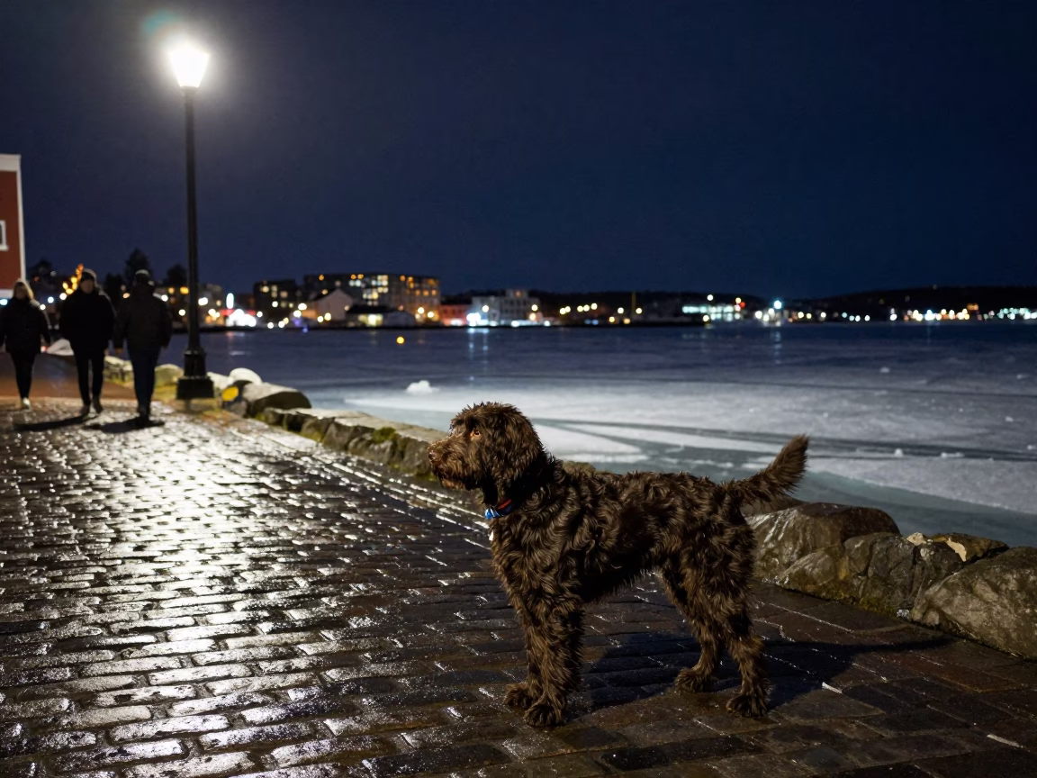 Halifax Waterfront Night Scene with Pudelpointer and Icebreaker in Background in in Halifax, Nova Scotia, Canada