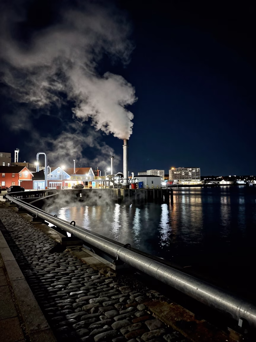 Halifax Waterfront Night Scene with Steam Pipes and Coiled Rope in in Halifax, Nova Scotia, Canada