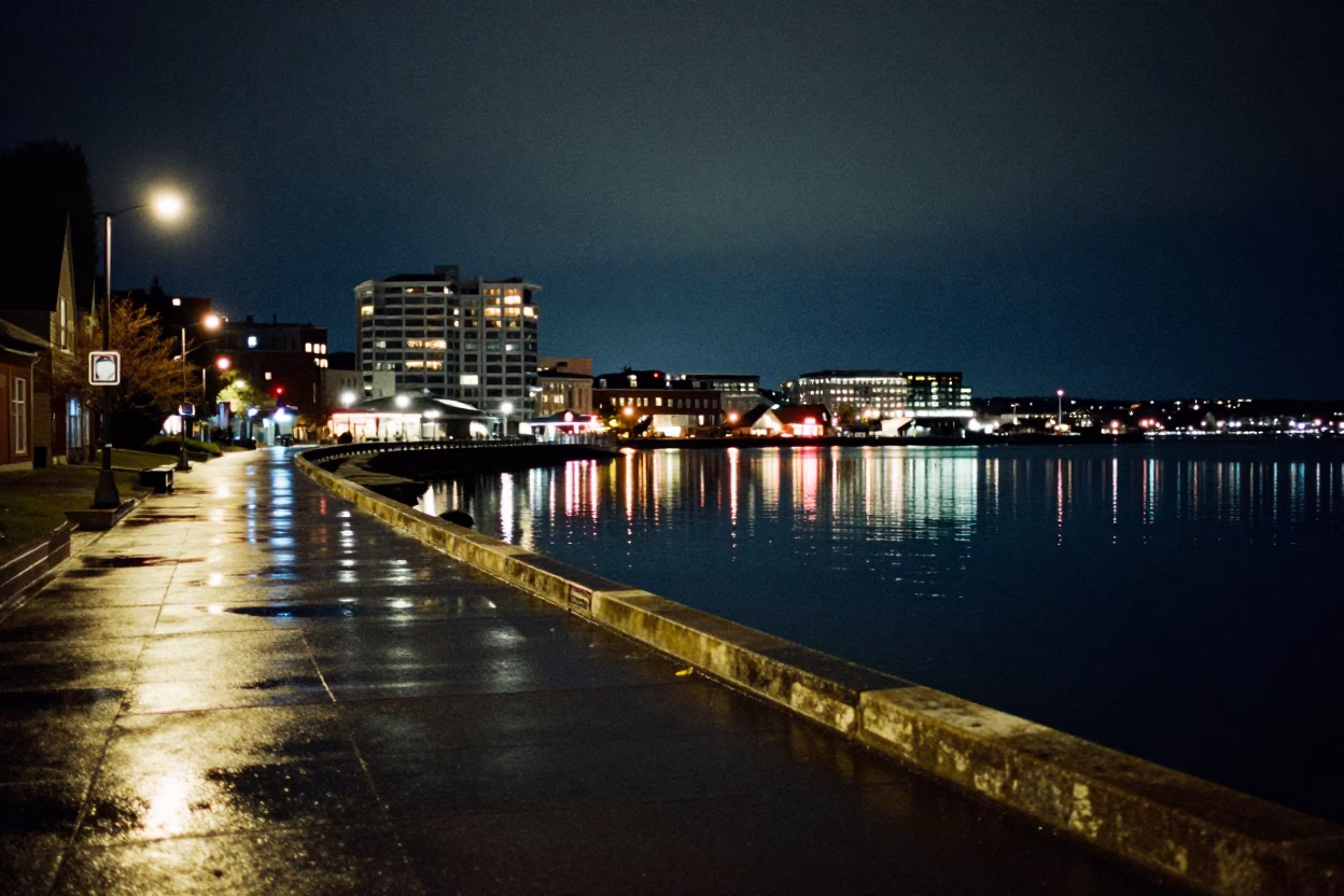 Halifax Waterfront Night Street Scene with Reflections and Urban Details in in Halifax, Nova Scotia, Canada