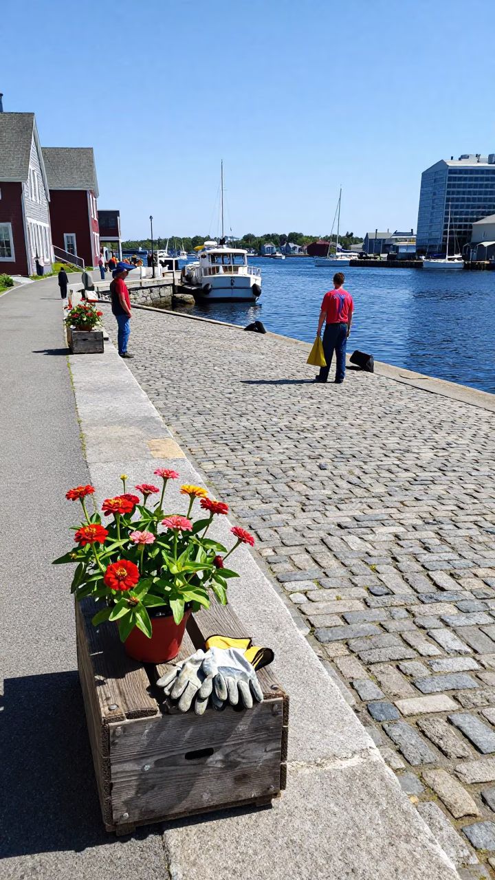 Halifax Waterfront Noon Light with Workers and Zinnias in Nova Scotia in in Halifax, Nova Scotia, Canada