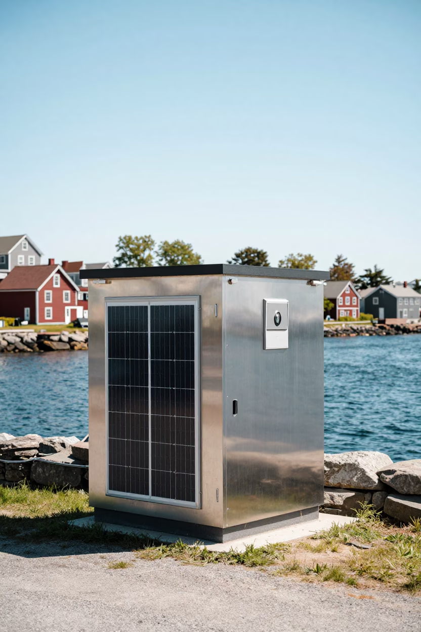 Halifax Waterfront Noon Solar Inverter Cabin Amidst Historic Stone Architecture in in Halifax, Nova Scotia, Canada