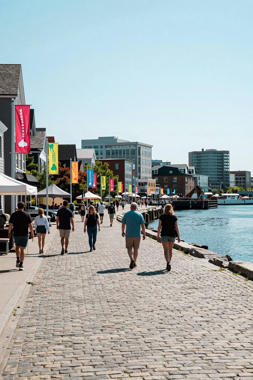 Halifax Waterfront Noon Street Scene with Colorful Festival Banners and Busy Pedestrians in in Halifax, Nova Scotia, Canada