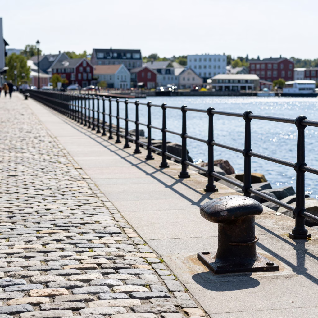 Halifax Waterfront Noon Sunlight on Cobblestone and Steel Railings in in Halifax, Nova Scotia, Canada